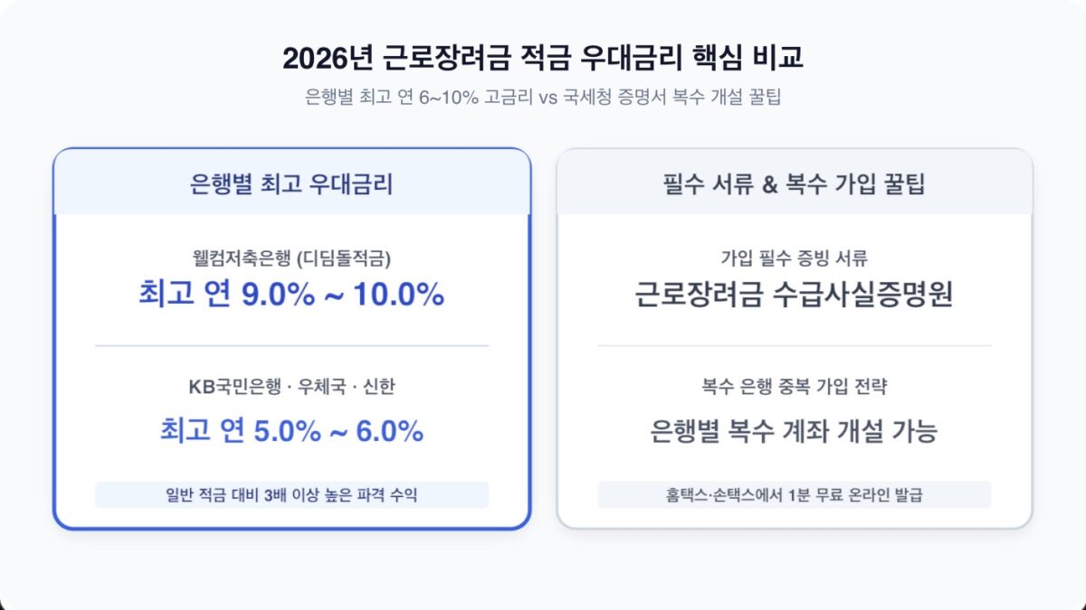 2026년 근로장려금 적금 우대금리 및 은행별 혜택 비교 안내 인포그래픽