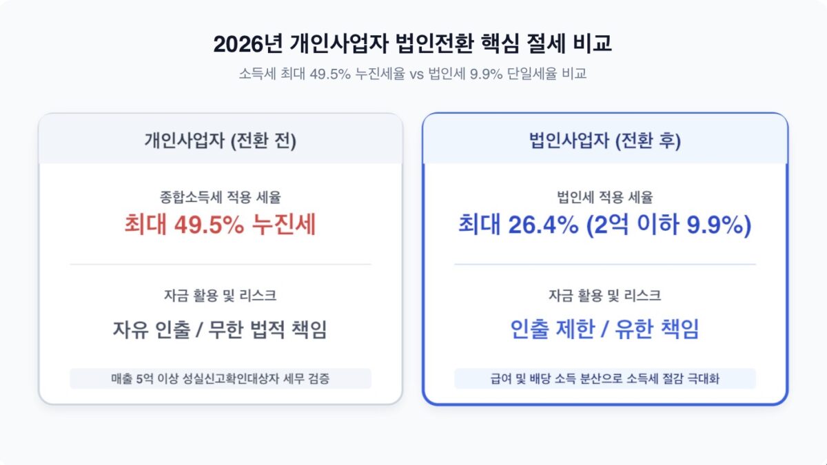 2026년 개인사업자 법인전환 장단점 및 세금 절세 효과 안내 인포그래픽
