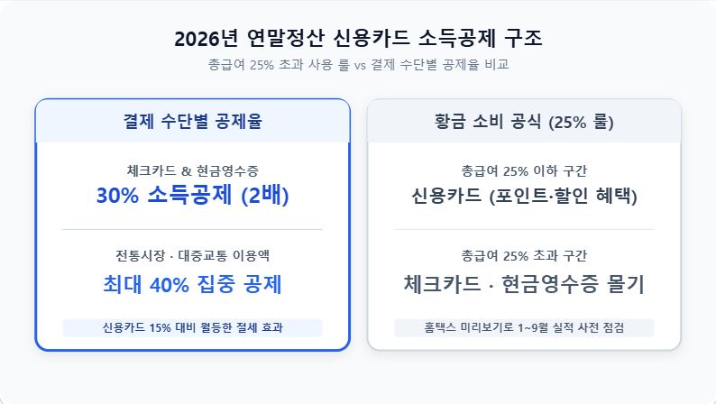2026년 연말정산 미리보기 및 신용카드 소득공제 계산 안내 인포그래픽